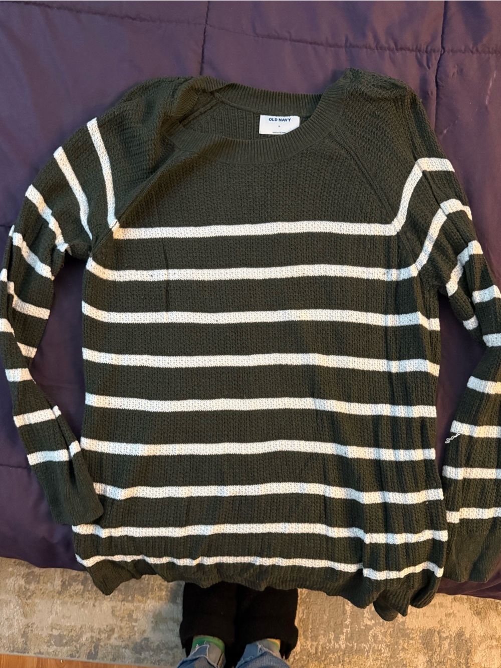 Old Navy Dark Green and White Striped Crewneck Sweater